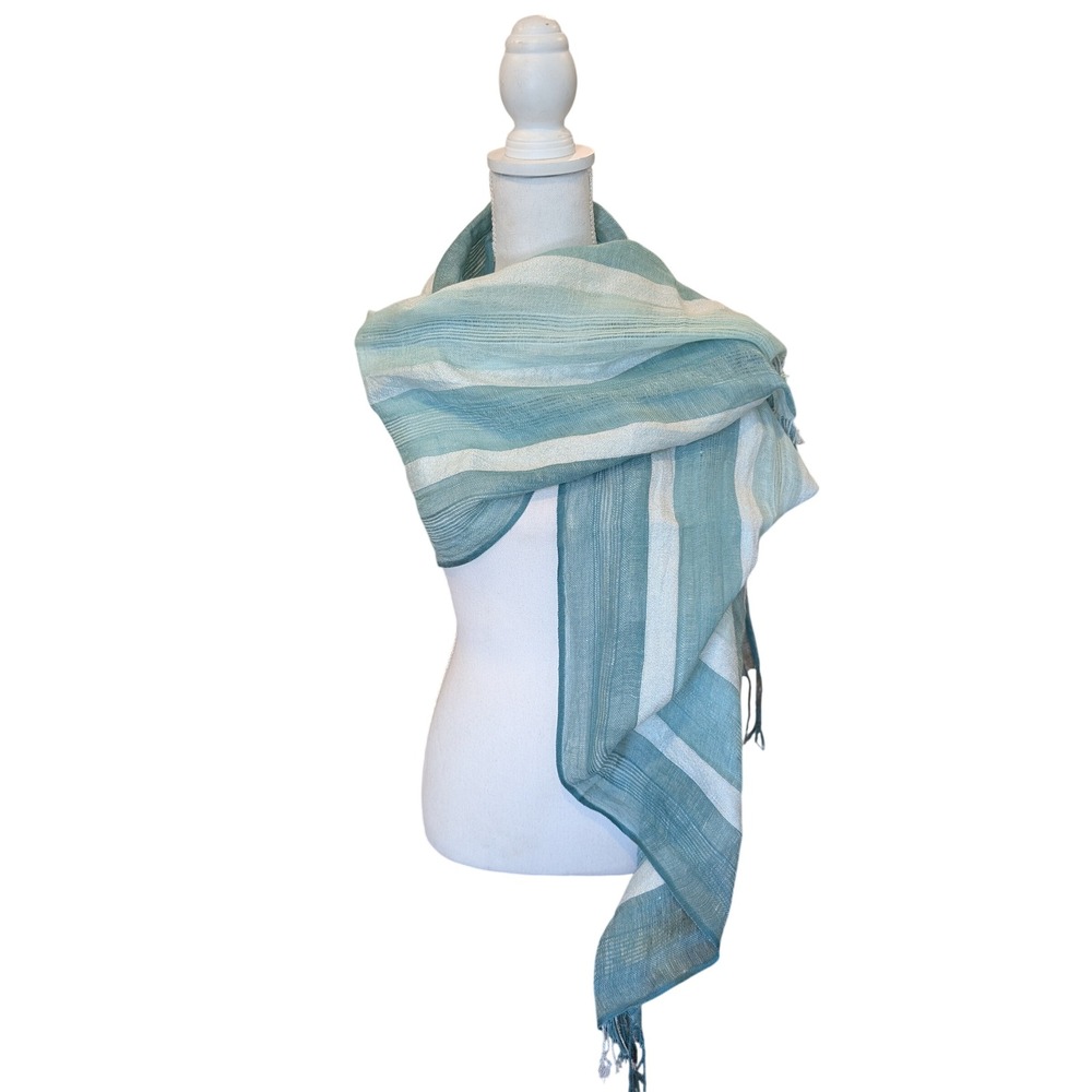 Cejon Scarf Womens Teal White Striped Linen Blend Metallic Shimmer Fringe Tassel